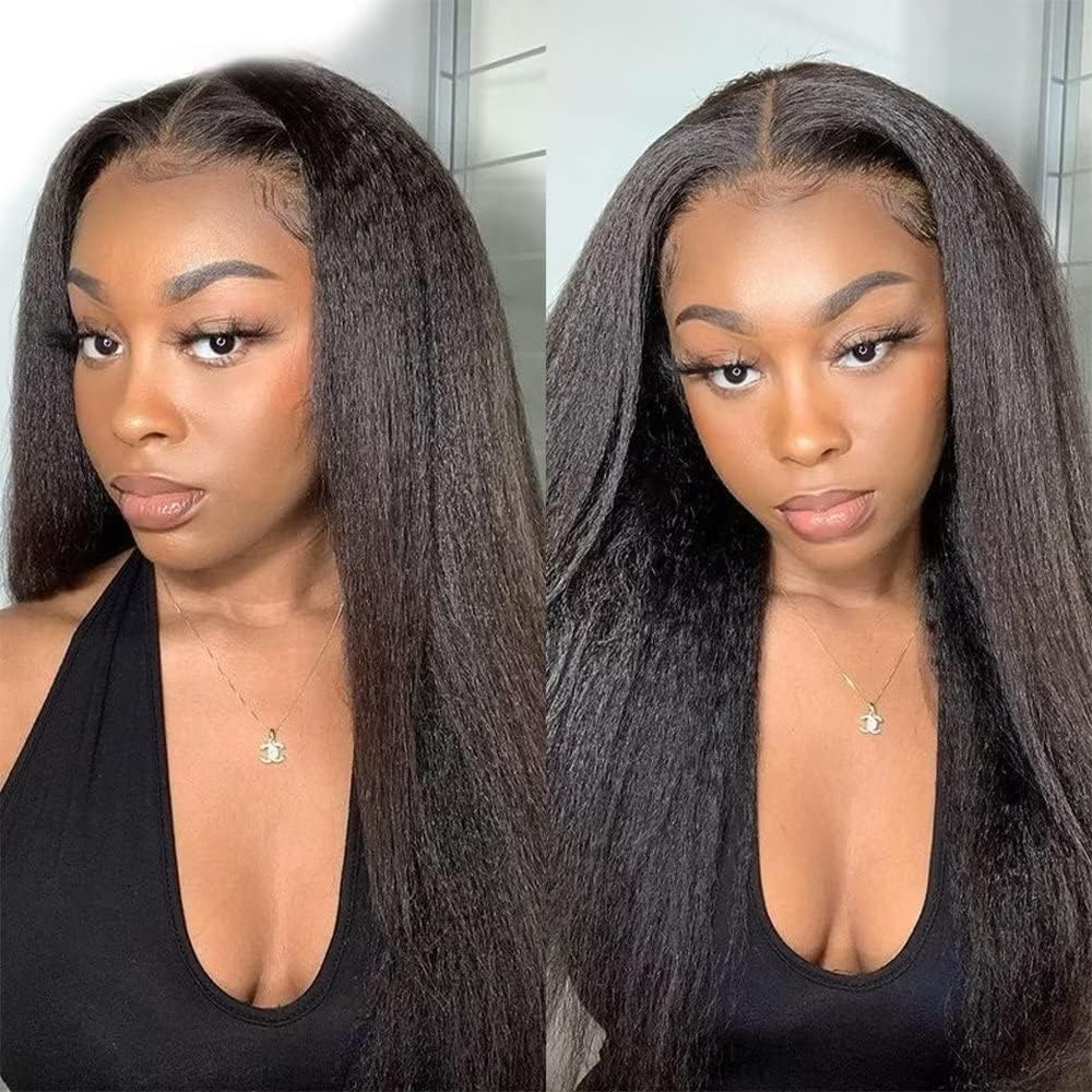360 Lace Front Wigs Human Hair Kinky Straight Wig 360 Frontal Wigs for Black Women 16 Inch 180% Density Yaki Straight 360 Full Lace Human Hair Wigs with Baby Hair Natural Color