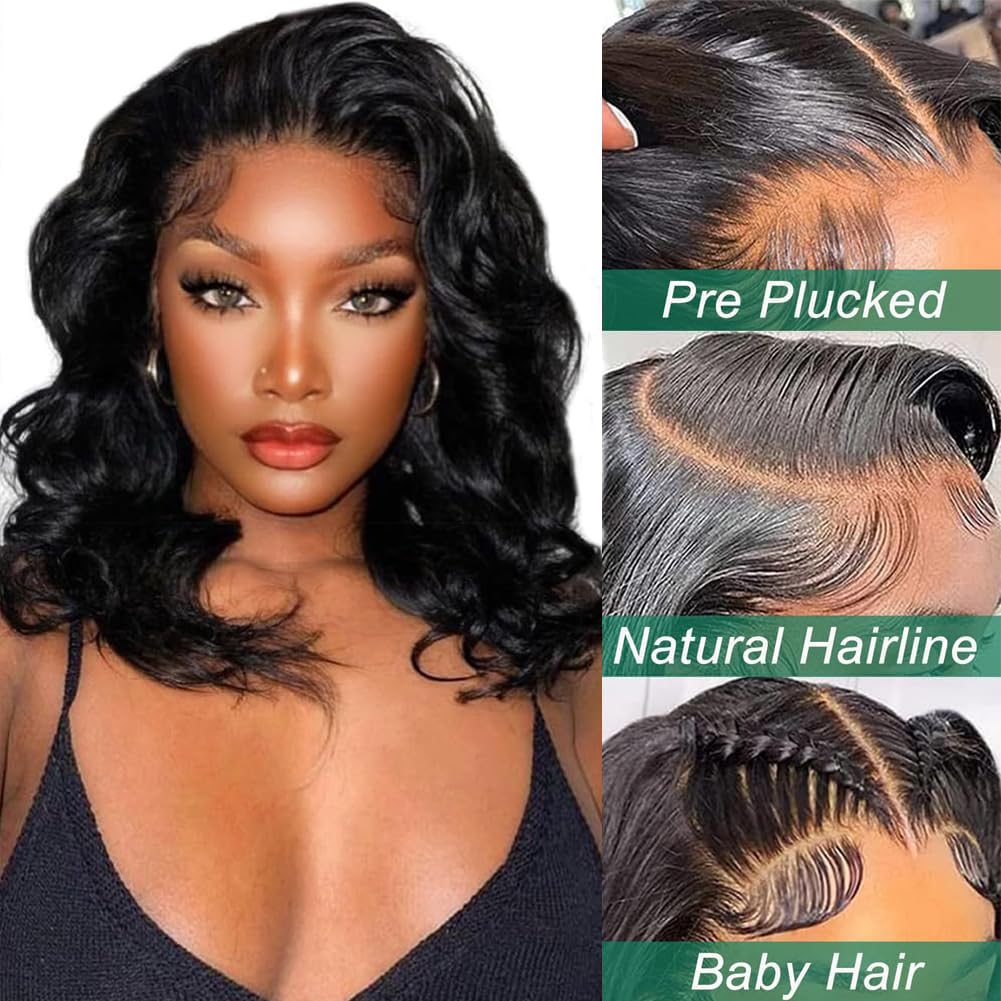 Douyin Bob Wig Human Hair 13x4 Frontal Lace Wig 14 Inch Body Wave 180% Density HD Lace Front Wigs Human Hair Pre Plucked Bob Wigs for Women (14 inch, Natural Black)