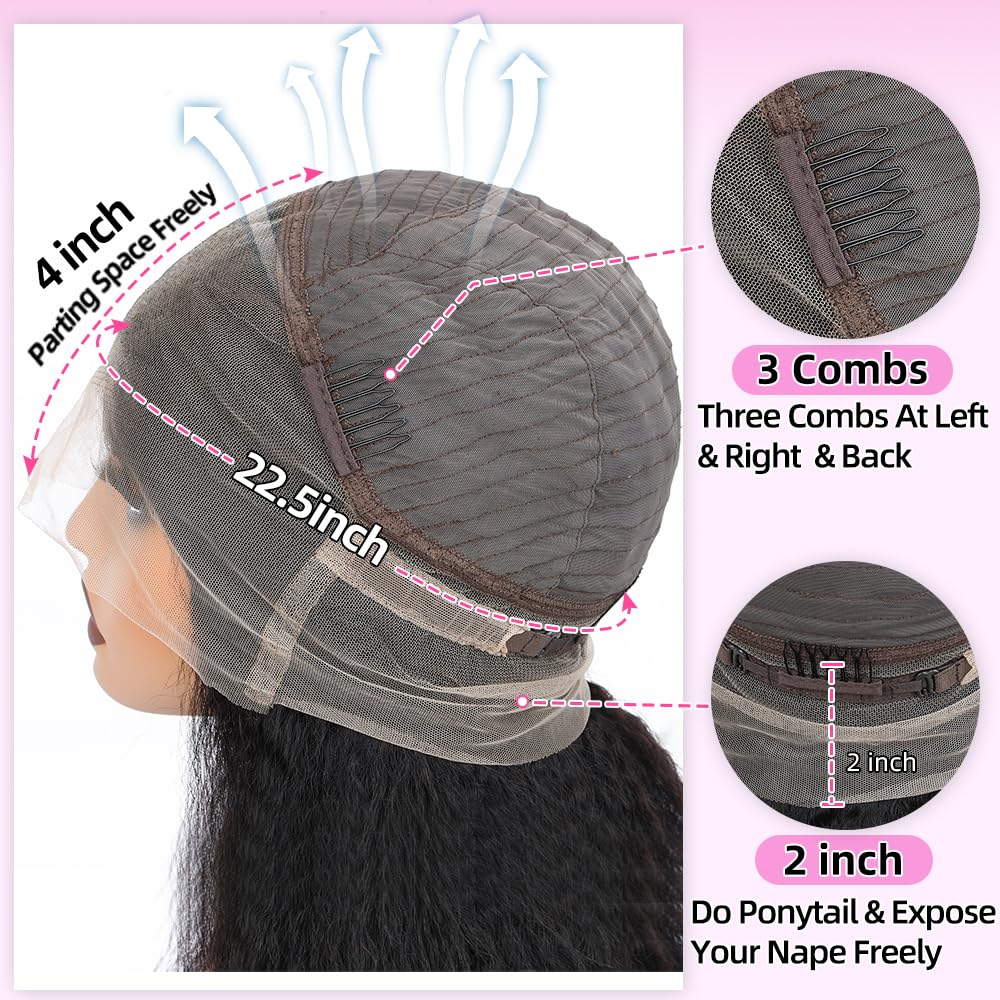 360 Lace Front Wigs Human Hair Kinky Straight Wig 360 Frontal Wigs for Black Women 16 Inch 180% Density Yaki Straight 360 Full Lace Human Hair Wigs with Baby Hair Natural Color
