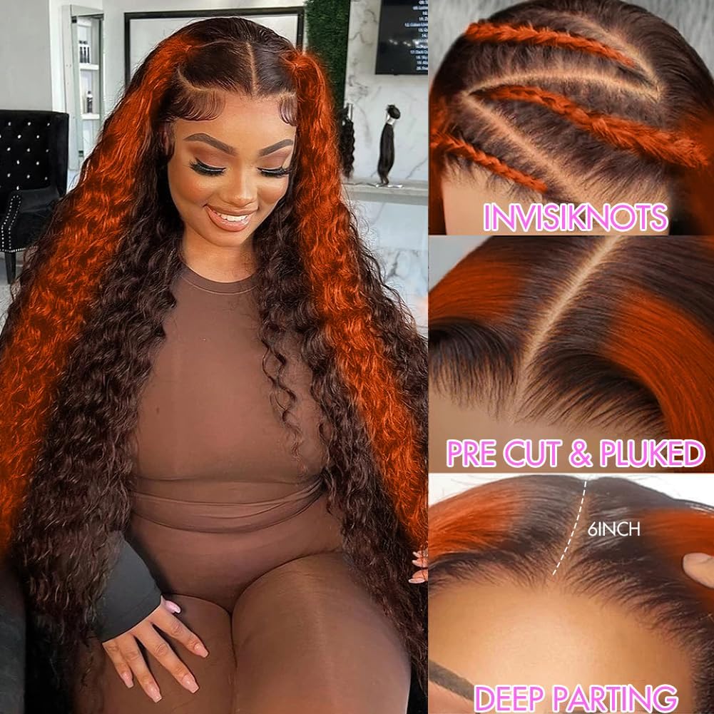 Grace Queen Ginger Orange 9x6 Lace Front Wigs Human Hair Deep Wave Pre Plucked Pre Cut Wear and Go Glueless Wigs Human Hair for Women 9x6 HD Lace Front Curly Human Hair Wig Brazilian Hair 26Inch