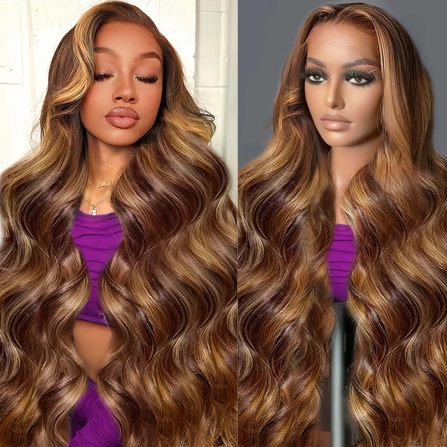 Real Human Hair Wig 30 Inch Ombre 13x6 Lace Front Wig Human Hair 210% Density 4/27 Highlight Wigs Honey Blonde Body Wave Lace Front Wig Pre Plucked HD Frontal Wig Glueless Wigs