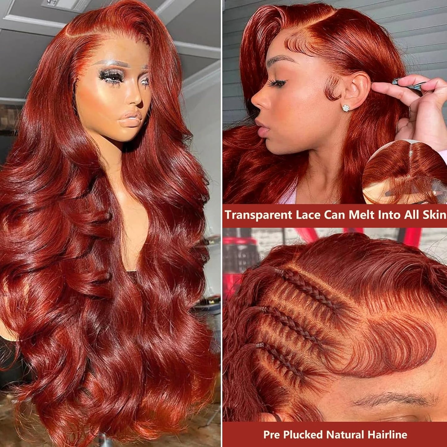 360 Reddish Brown Lace Front Wigs Human Hair Pre Plucked Auburn Red 360 HD Transparent Lace Frontal Wig 180 Density Colored Wigs Human Hair Ginger Body Wave Wig for Women 24Inch