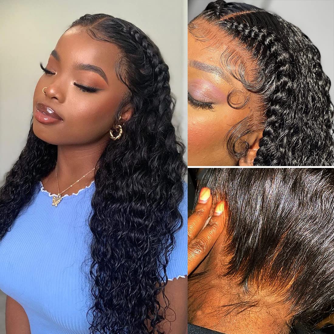 Hidden Strap 360 Full Lace Front Wigs Human Hair Invisible Strap Pre Plucked Bleached Konts Pre Cut Lace Deep Wave HD Lace Frontal Wig with Drawstring Natural Hairline 360 Glueless Wigs(18inch)