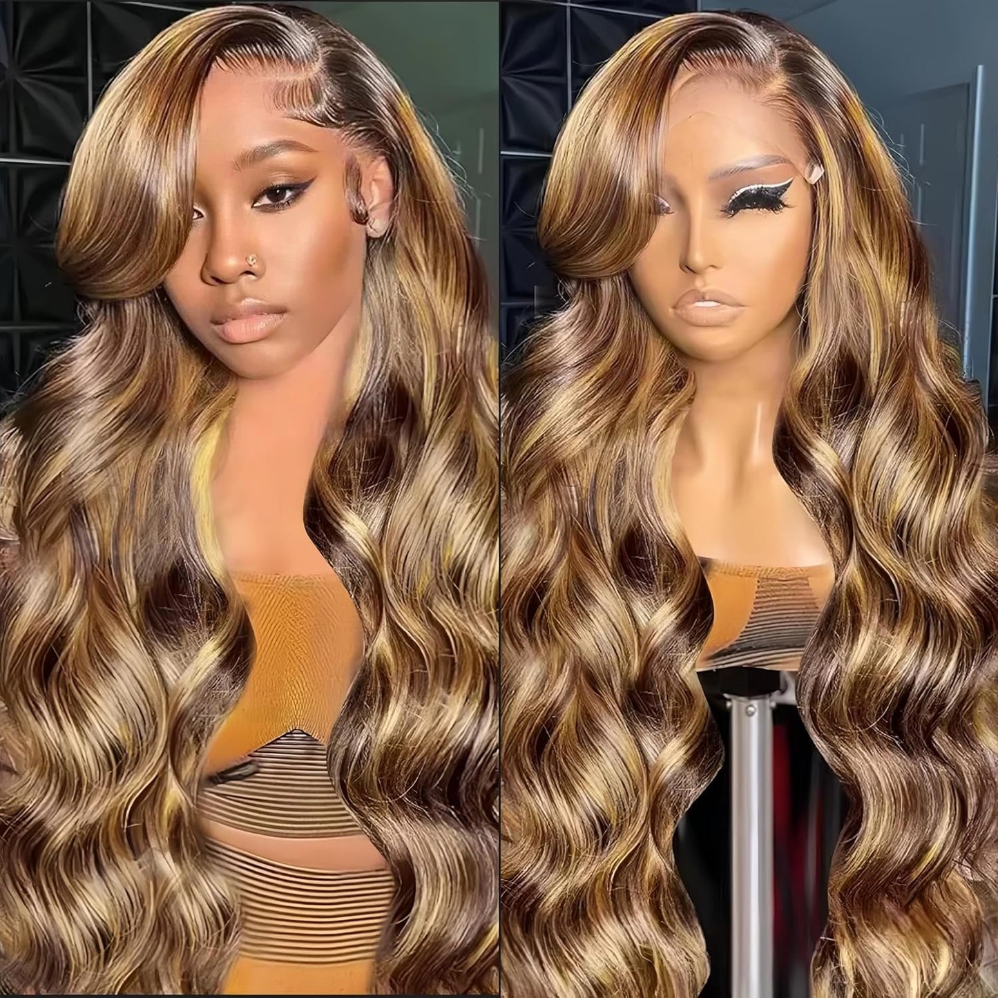Real Human Hair Wig 30 Inch Ombre 13x6 Lace Front Wig Human Hair 210% Density 4/27 Highlight Wigs Honey Blonde Body Wave Lace Front Wig Pre Plucked HD Frontal Wig Glueless Wigs