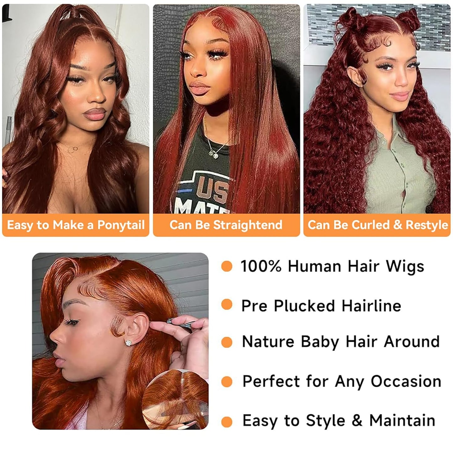 30 Inch Reddish Brown Lace Front Wigs Human Hair 200 Density 13x6 Body Wave HD Lace Frontal Wigs Human Hair Auburn Colored Lace Front Wigs Human Hair Pre Plucked with Baby Hair for Women
