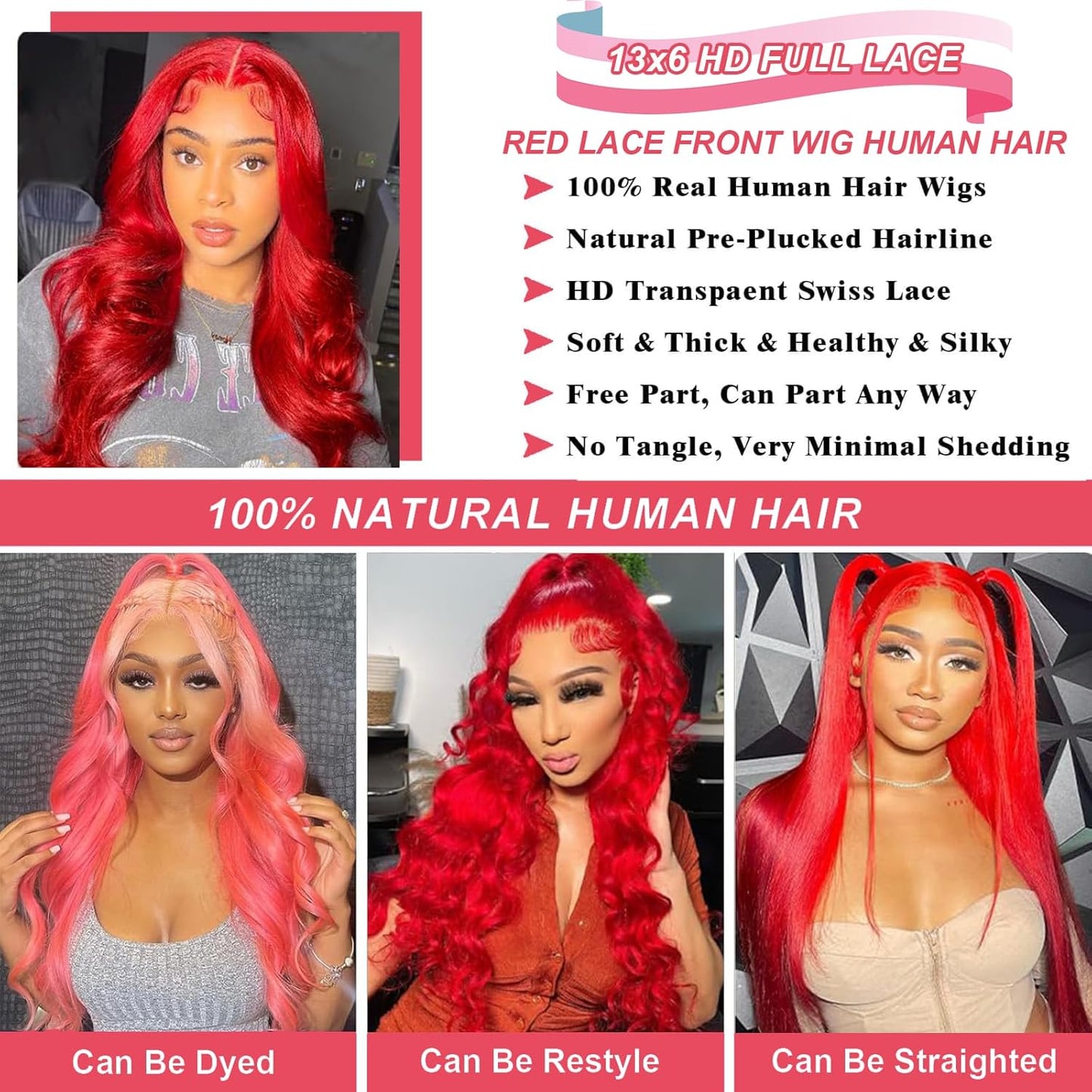 Red Lace Front Wigs Human Hair Body Wave 13x6 HD Lace Front Wig Human Hair 180% Density Wear and Go Glueless Red Wigs Human Hair Pre Plucked Burgundy Red Colored Wigs for Women 26 Inch