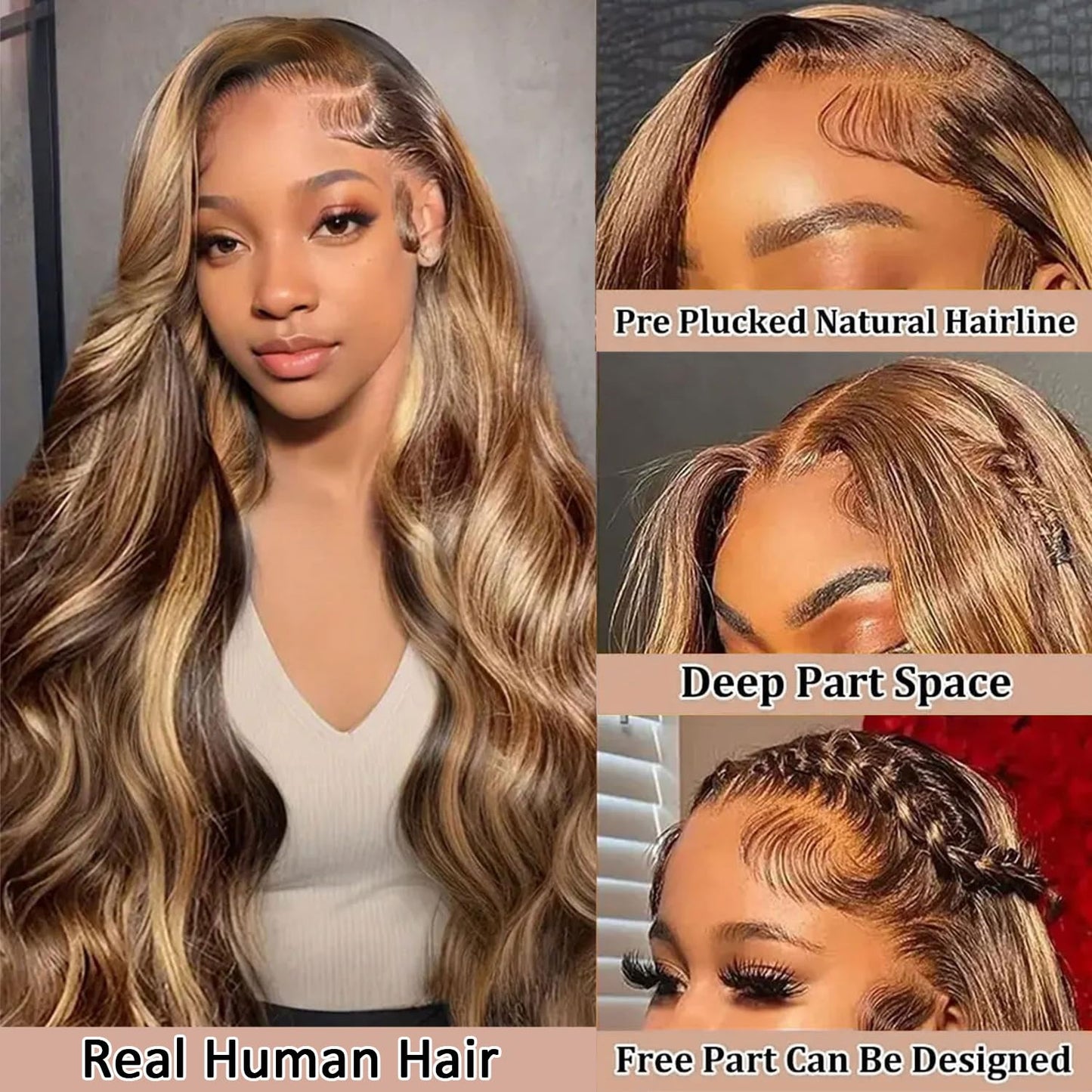Real Human Hair Wig 30 Inch Ombre 13x6 Lace Front Wig Human Hair 210% Density 4/27 Highlight Wigs Honey Blonde Body Wave Lace Front Wig Pre Plucked HD Frontal Wig Glueless Wigs