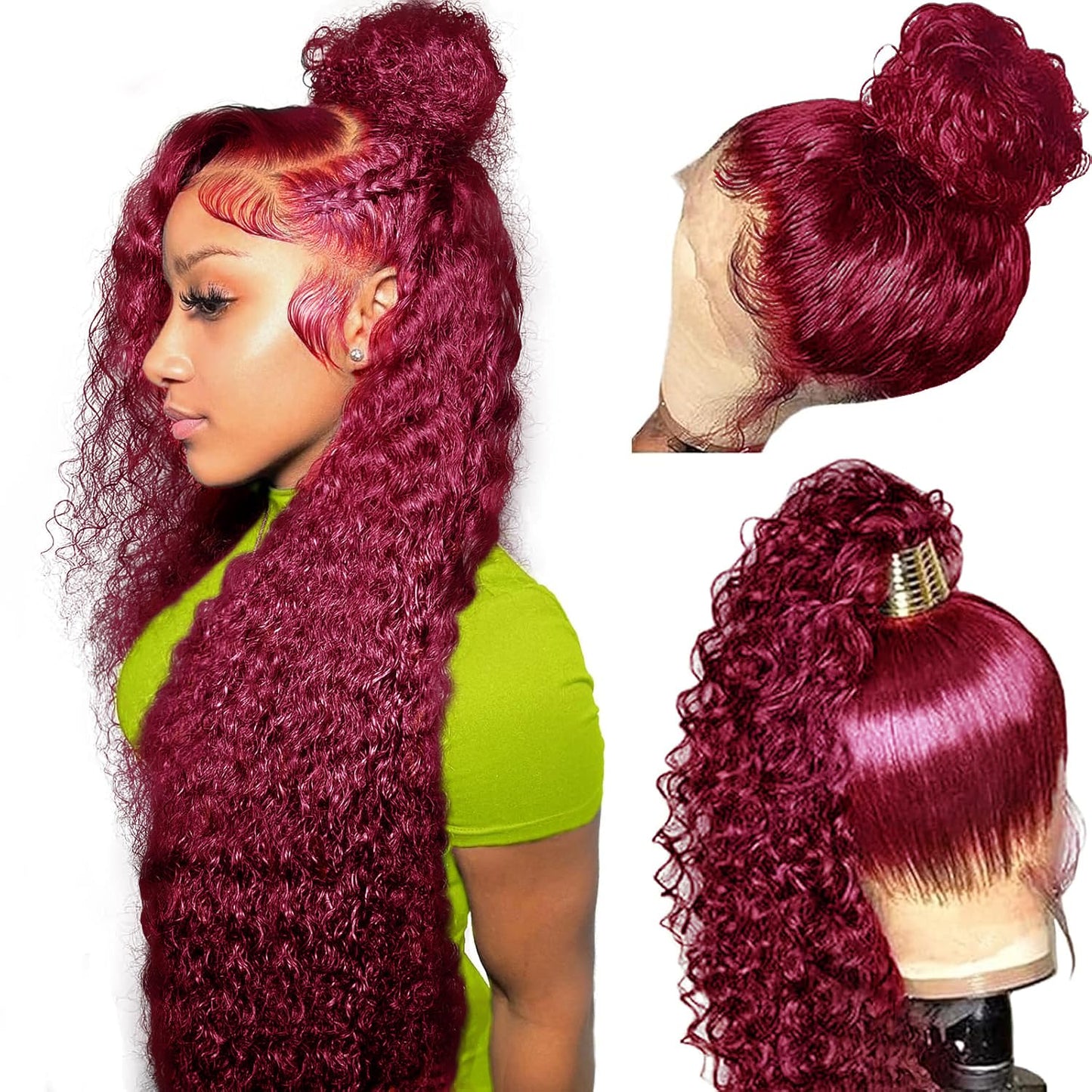 250% Density Deep Wave Lace Front Wigs Human Hair 360 Full Lace Deep Curly Wave Glueless Wigs Pre Plucked with Baby Hair 360 99J Burgundy Wet and Wavy Human Hair Wig(22inch)