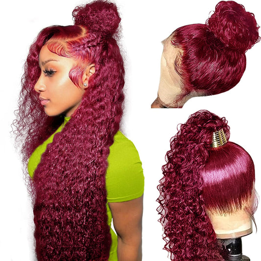 250% Density Deep Wave Lace Front Wigs Human Hair 360 Full Lace Deep Curly Wave Glueless Wigs Pre Plucked with Baby Hair 360 99J Burgundy Wet and Wavy Human Hair Wig(22inch)