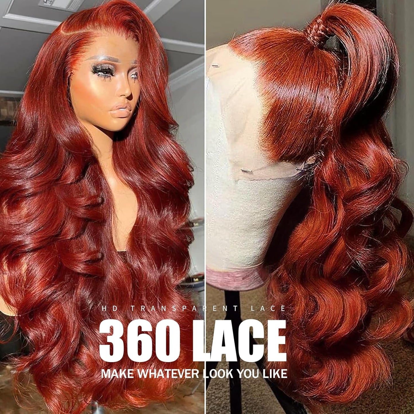 360 Reddish Brown Lace Front Wigs Human Hair Pre Plucked Auburn Red 360 HD Transparent Lace Frontal Wig 180 Density Colored Wigs Human Hair Ginger Body Wave Wig for Women 24Inch
