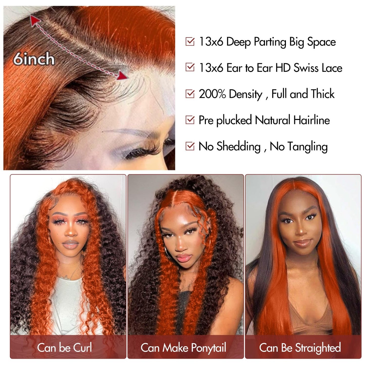 200% Density 13X6 Ginger Lace Front Wigs Human Hair Pre Plucked for Women Ombre 13X6 HD Transparent Ginger Orange Lace Front Wigs Human Hair Glueless Ginger Colored Wigs Human Hair (20Inch)