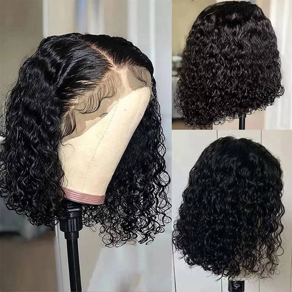 Black Brazilian Remy Curly Short Wig 100% Human Hair Deep Wave Bob 13x4 Lace Front 12-14 Inch Density 200% for Women Eye-Catching