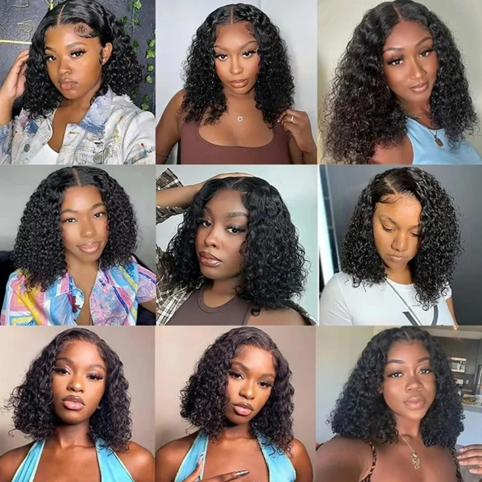 Black Brazilian Remy Curly Short Wig 100% Human Hair Deep Wave Bob 13x4 Lace Front 12-14 Inch Density 200% for Women Eye-Catching