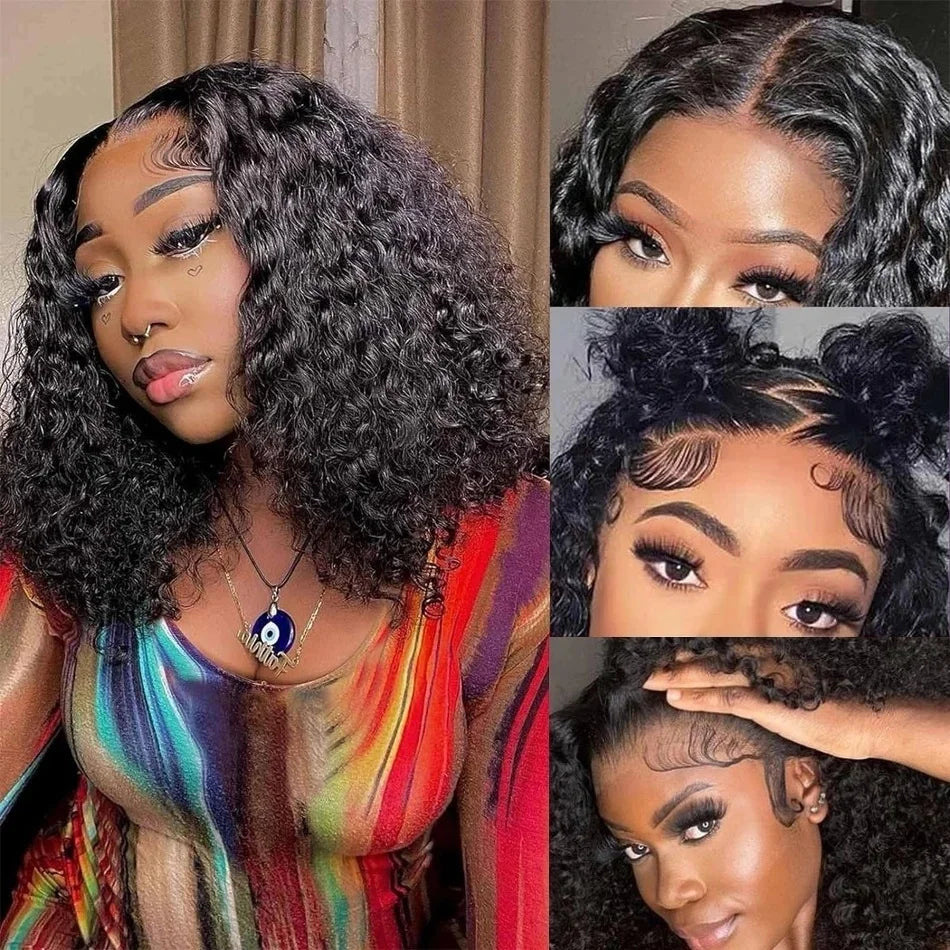 Black Brazilian Remy Curly Short Wig 100% Human Hair Deep Wave Bob 13x4 Lace Front 12-14 Inch Density 200% for Women Eye-Catching