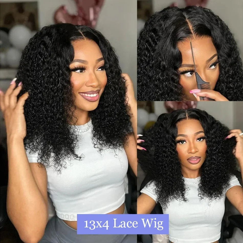 Black Brazilian Remy Curly Short Wig 100% Human Hair Deep Wave Bob 13x4 Lace Front 12-14 Inch Density 200% for Women Eye-Catching
