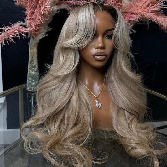 Ombre Brown Roots Ash Blonde Wigs Human Hair 200% Density 13x6 Body Wave Hd Thin Lace Front Wig for Women Glueless Ombre Blonde Colored Lace Front Wigs 26 Inch