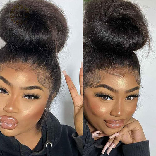 360 Lace Front Wigs Human Hair Kinky Straight Wig 360 Frontal Wigs for Black Women 16 Inch 180% Density Yaki Straight 360 Full Lace Human Hair Wigs with Baby Hair Natural Color