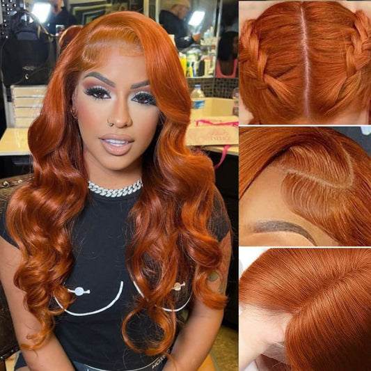 Dark Ginger 13X4 Lace Front Wigs Human Hair Body Wave Dark Orange Colored Pre Plucked Hairline with Baby Hair Brazilian Remy Invisible HD Lace Front Human Hair Wigs For Women 150% 24 Inch
