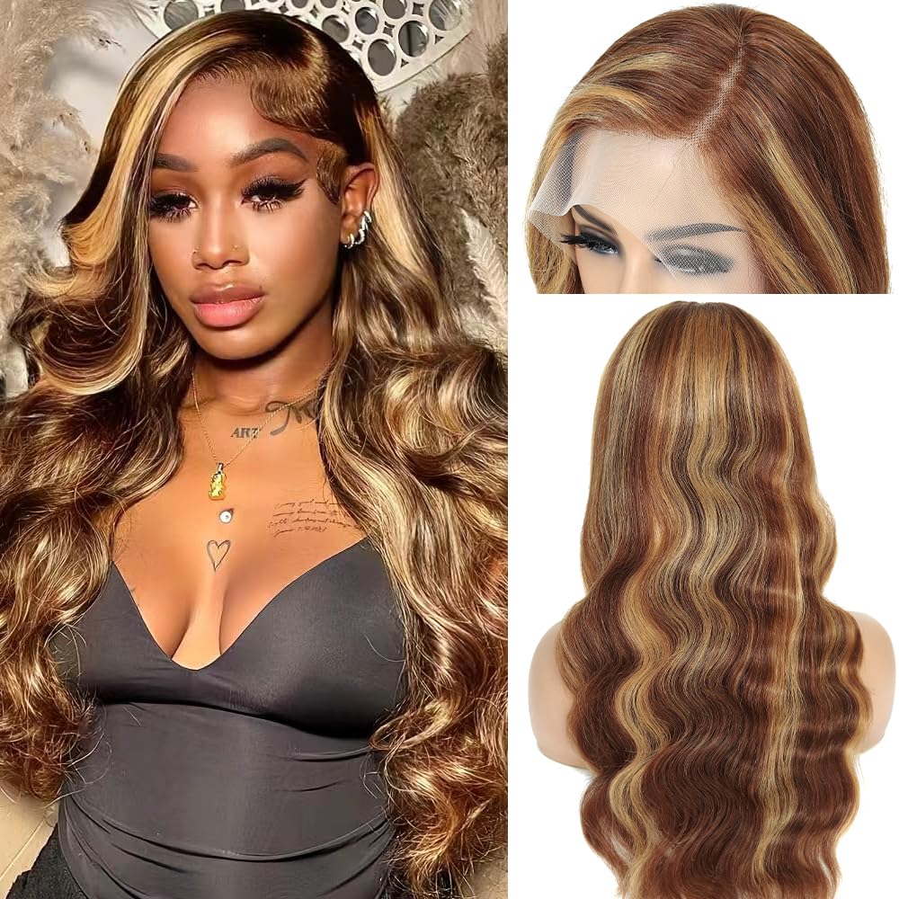 Honey Blonde Wig Human Hair 200% Density 13x4 Blonde Wig Human Hair Body Wave Lace Front Wigs Human Hair Pre Plucked Colored 27# Lace Frontal Wigs 24 Inch