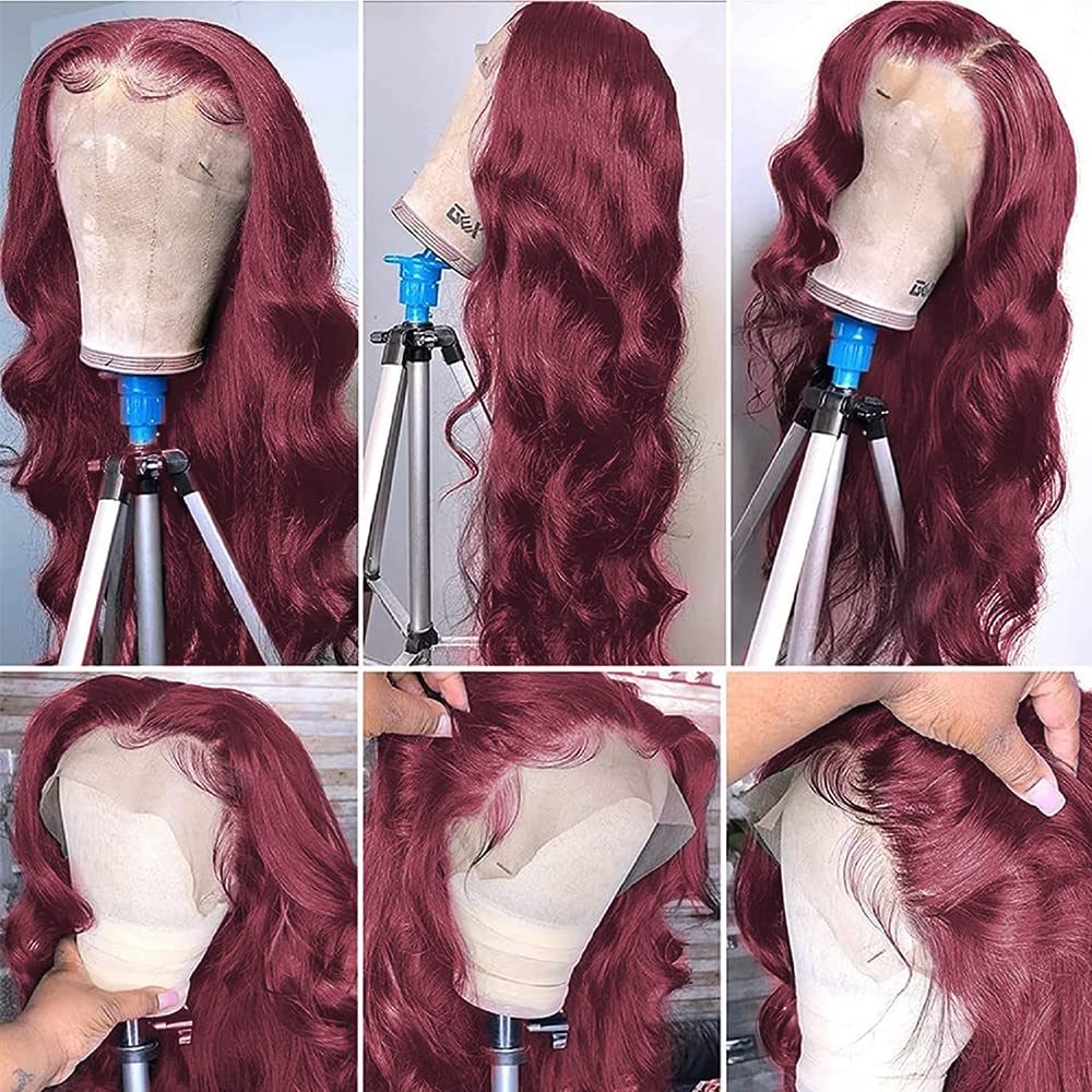 200% Density Burgundy Wig Human Hair 13x4 99j Burgundy Lace Front Wigs Human Hair Pre Plucked HD Transparent Lace Frontal Wigs With Baby Hair Red Colored Wig 24Inch