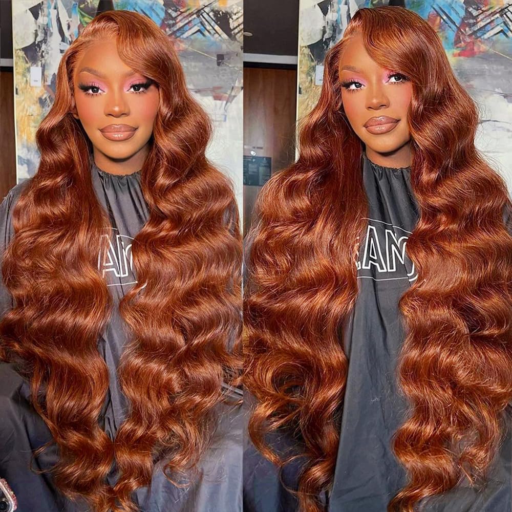 200 Density 13x6 Reddish Brown Lace Front Wigs Human Hair Pre Plucked 13x6 HD Transparent Body Wave Lace Front Wigs With Baby Hair Ginger #33 Colored Human Hair Wig For Women (22 Inch)