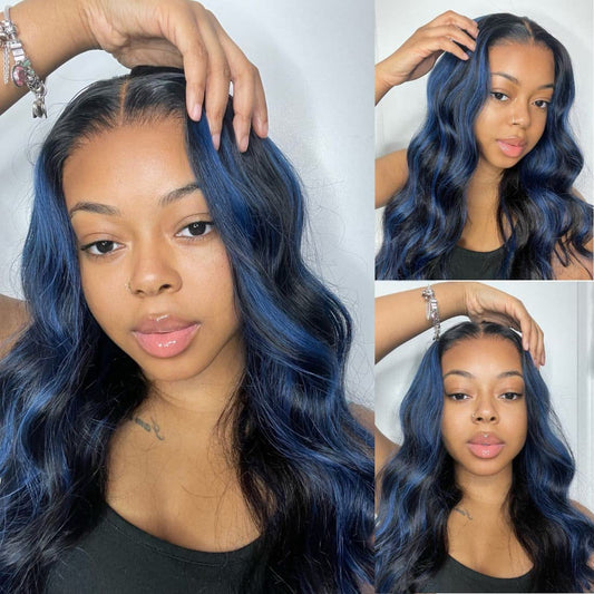Beauty Forever Blue Highlights Wig Body Wave 13x4 Lace Front Wigs Black With Blue Highlights Human Hair Wigs For Women,Lace Frontal Wigs 150% Density Pre Plucked with Baby Hair Colored Wigs 16 inch