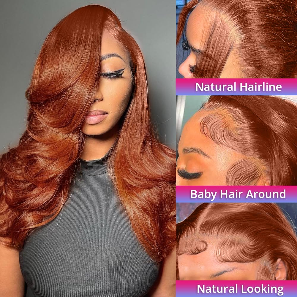 200 Density 13x6 Reddish Brown Lace Front Wigs Human Hair Pre Plucked 13x6 HD Transparent Body Wave Lace Front Wigs With Baby Hair Ginger #33 Colored Human Hair Wig For Women (22 Inch)