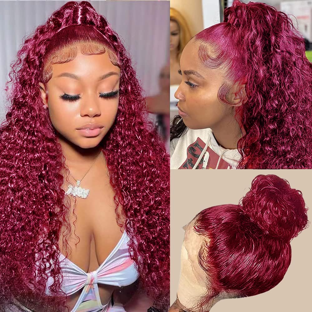 250% Density Deep Wave Lace Front Wigs Human Hair 360 Full Lace Deep Curly Wave Glueless Wigs Pre Plucked with Baby Hair 360 99J Burgundy Wet and Wavy Human Hair Wig(22inch)
