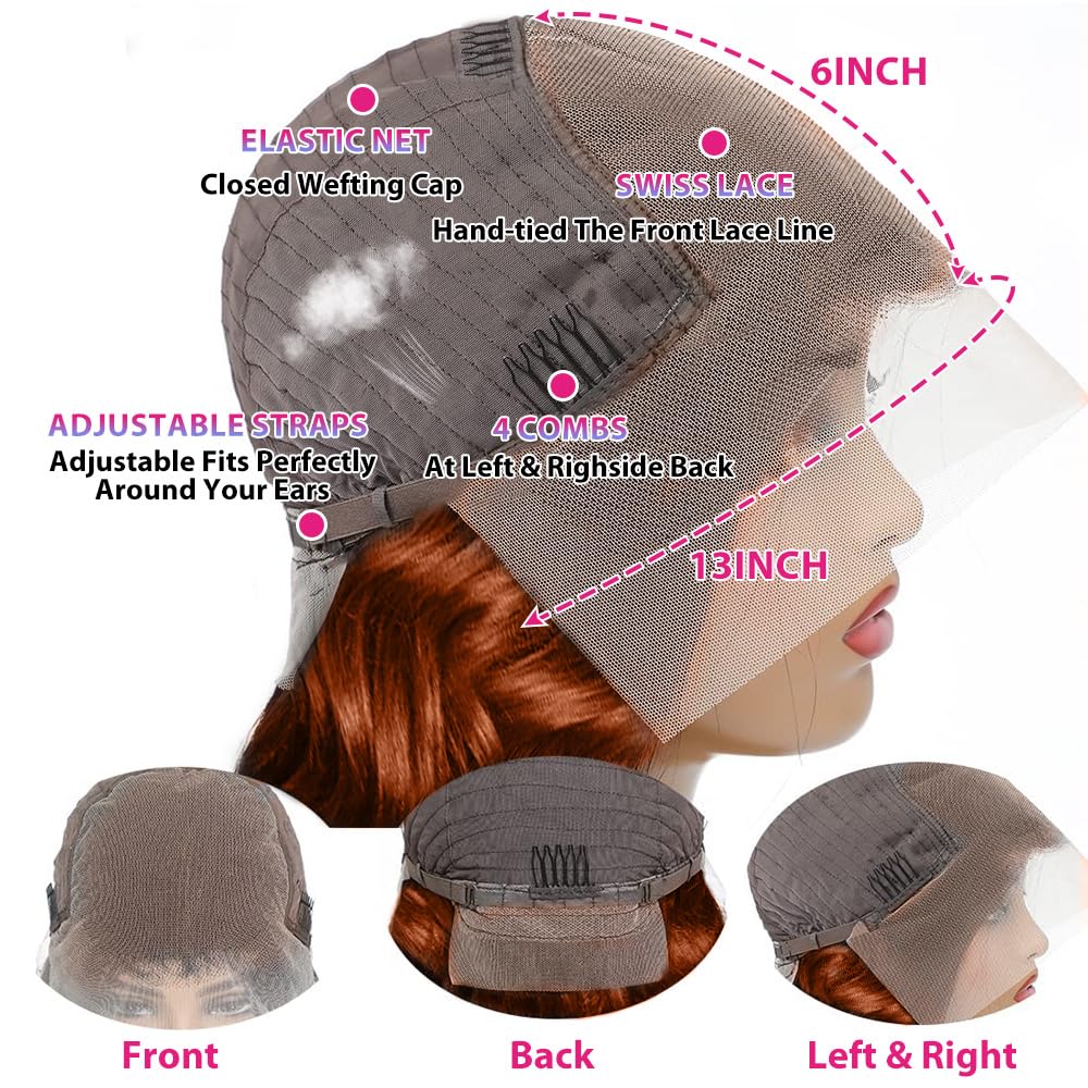 200 Density 13x6 Reddish Brown Lace Front Wigs Human Hair Pre Plucked 13x6 HD Transparent Body Wave Lace Front Wigs With Baby Hair Ginger #33 Colored Human Hair Wig For Women (22 Inch)