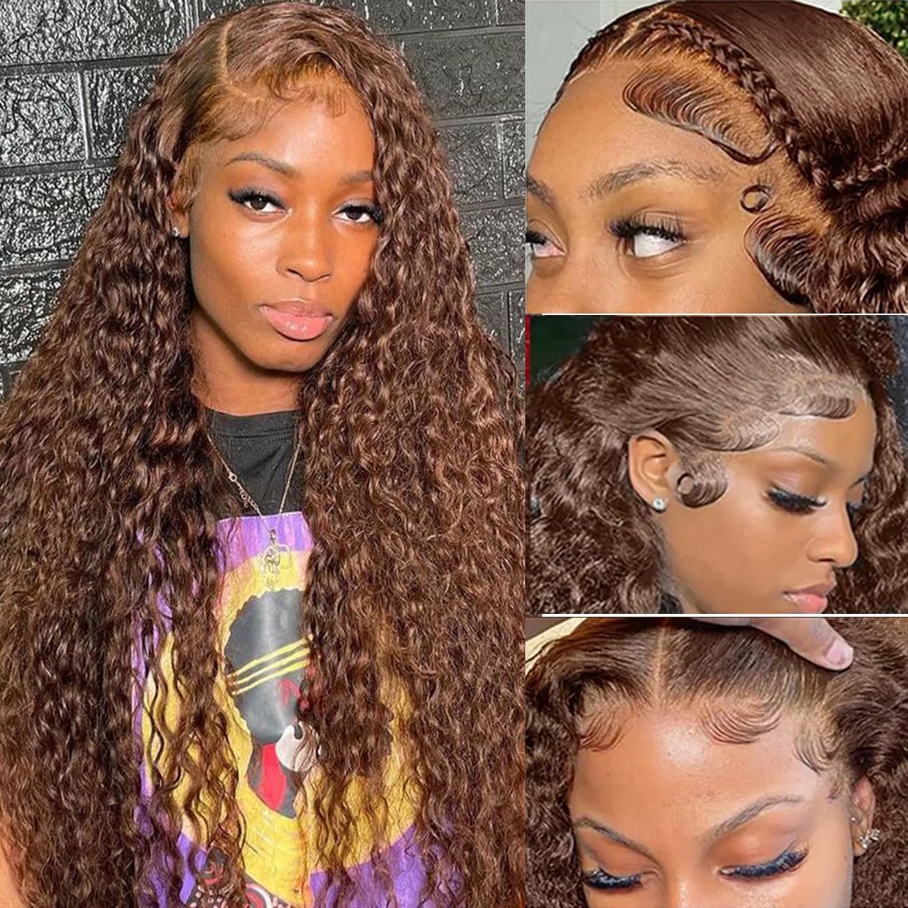 30 Inch Chocolate Brown Deep Wave Lace Front Wigs Human Hair 13x6 Hd Curly Lace Frontal Wigs for Black Women Pre Plucked Wet and Wavy Glueless 4# Brown Color