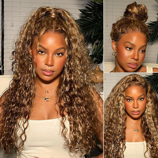 360 Deep Wave Lace Front Wigs Human Hair Pre Plucked 180% Density 26 IN, Highlight Ombre Honey Blonde Brown Full 360 HD Lace Frontal Wigs, 4/27 Colored 10A Soft Shinny Thick Brazilian Hair