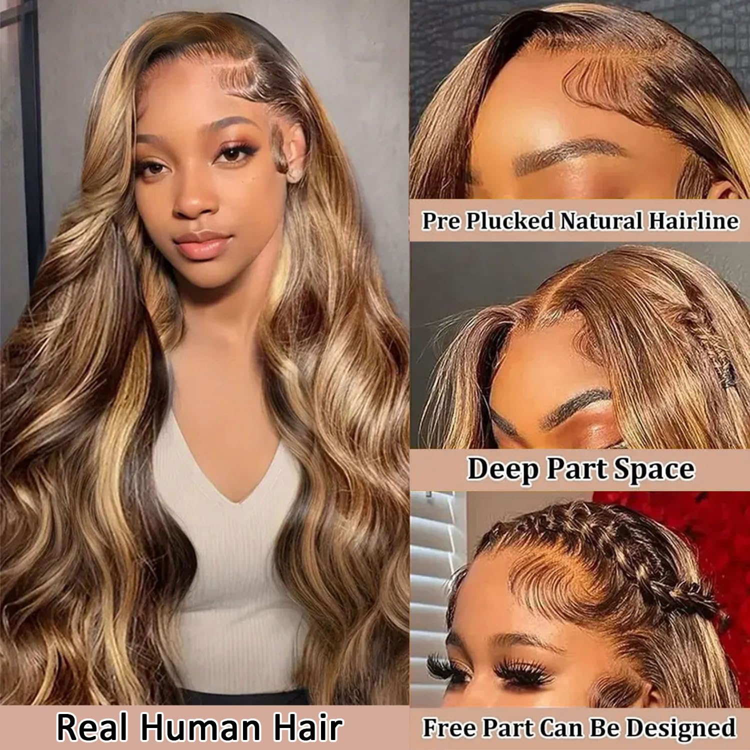 Real Human Hair Wig 30 Inch Ombre 13x6 Lace Front Wig Human Hair 210% Density 4/27 Highlight Wigs Honey Blonde Body Wave Lace Front Wig Pre Plucked HD Frontal Wig Glueless Wigs