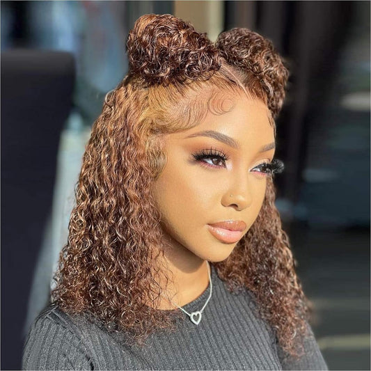 Ombre Highlight Deep Wave Curly Bob Wigs Human Hair Pre Plucked Wear And Go Glueless 13x4 Hd Honey Blonde Highlight Lace Front Wig Human Hair For Black Women Wet And Wavy 4/27 14 Inch
