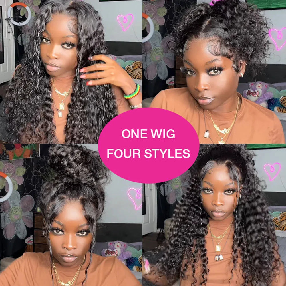 250 Density Deep Wave 360 Full HD Lace Front Human Hair Wig Pre Plucked Water Wave 13x6 Lace Frontal Glueless Wig Natural Black