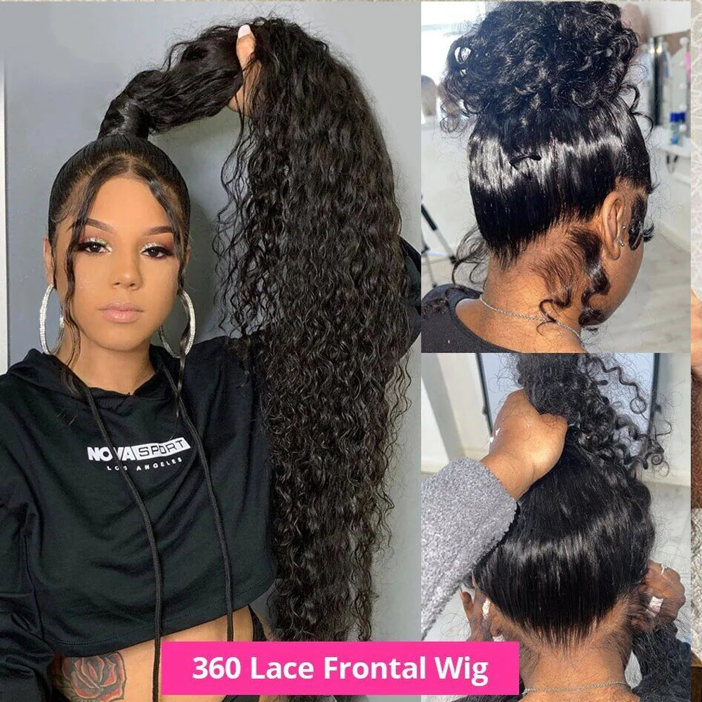 250 Density Deep Wave 360 Full HD Lace Front Human Hair Wig Pre Plucked Water Wave 13x6 Lace Frontal Glueless Wig Natural Black