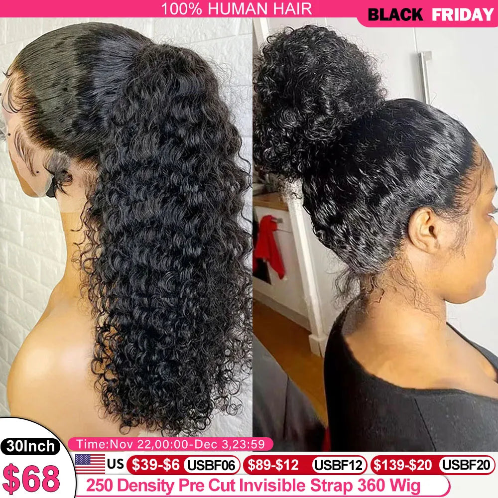 250 Density Deep Wave 360 Full HD Lace Front Human Hair Wig Pre Plucked Water Wave 13x6 Lace Frontal Glueless Wig Natural Black