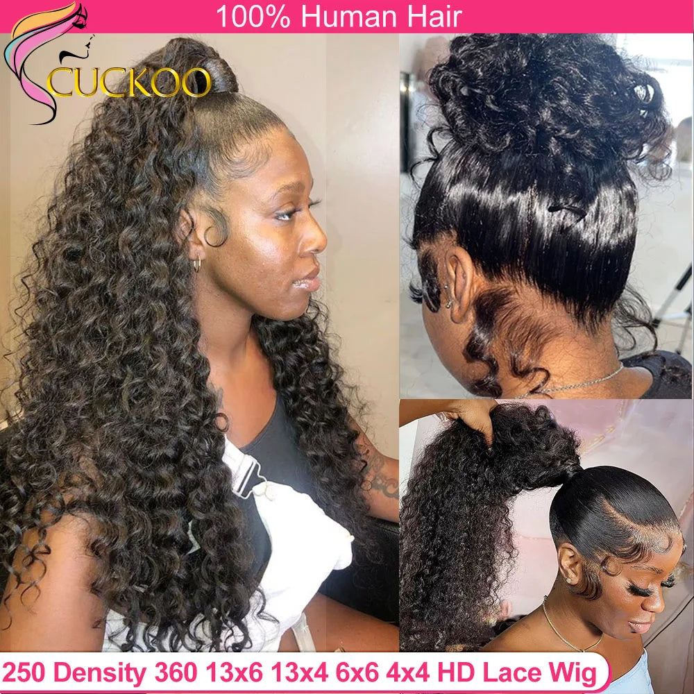 250 Density Deep Wave 360 Full HD Lace Front Human Hair Wig Pre Plucked Water Wave 13x6 Lace Frontal Glueless Wig Natural Black
