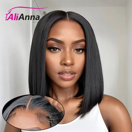 Glueless Short Bob Wig for Women Transparent Lace Front Remy Human Hair Straight Natural Looking Average Size Ready-to-Wear