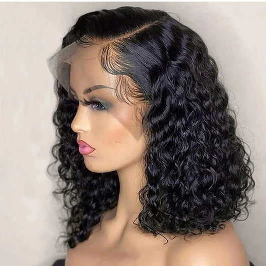 Black Brazilian Remy Curly Short Wig 100% Human Hair Deep Wave Bob 13x4 Lace Front 12-14 Inch Density 200% for Women Eye-Catching