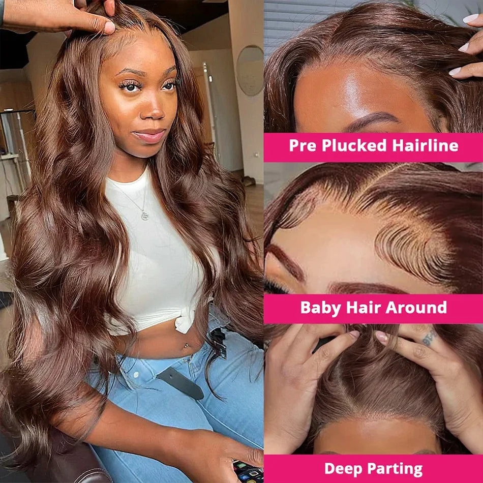 Chocolate Brown 13x4 Body Wave Lace Front Wig HD Transparent Swiss Lace 100% Remy Human Hair Pre Plucked Brazilian 13x6 Wig for Women