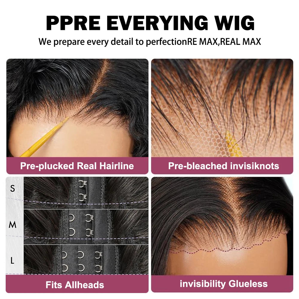 30 Inch 7x6 Glueless Brazilian Body Wave Lace Front Wig 13x6 HD Transparent Closure 250 Density Long Human Hair Wig