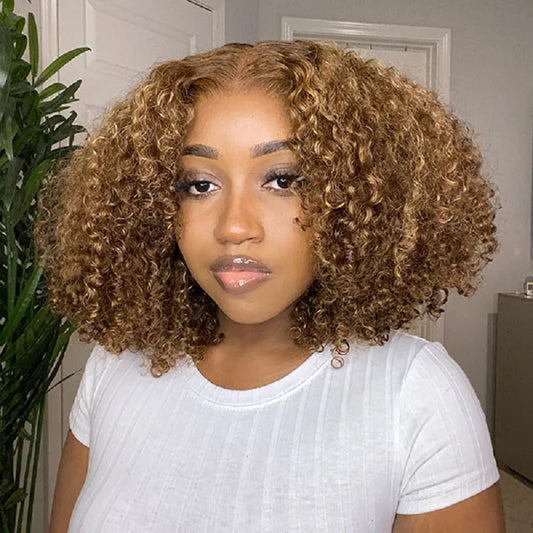 Highlight Curly Human Hair Wigs Wear Go Glueless 6x4 Kinky Curly Honey Brown Blonde Lace Front Wigs 180% Pre Cut Preplucked