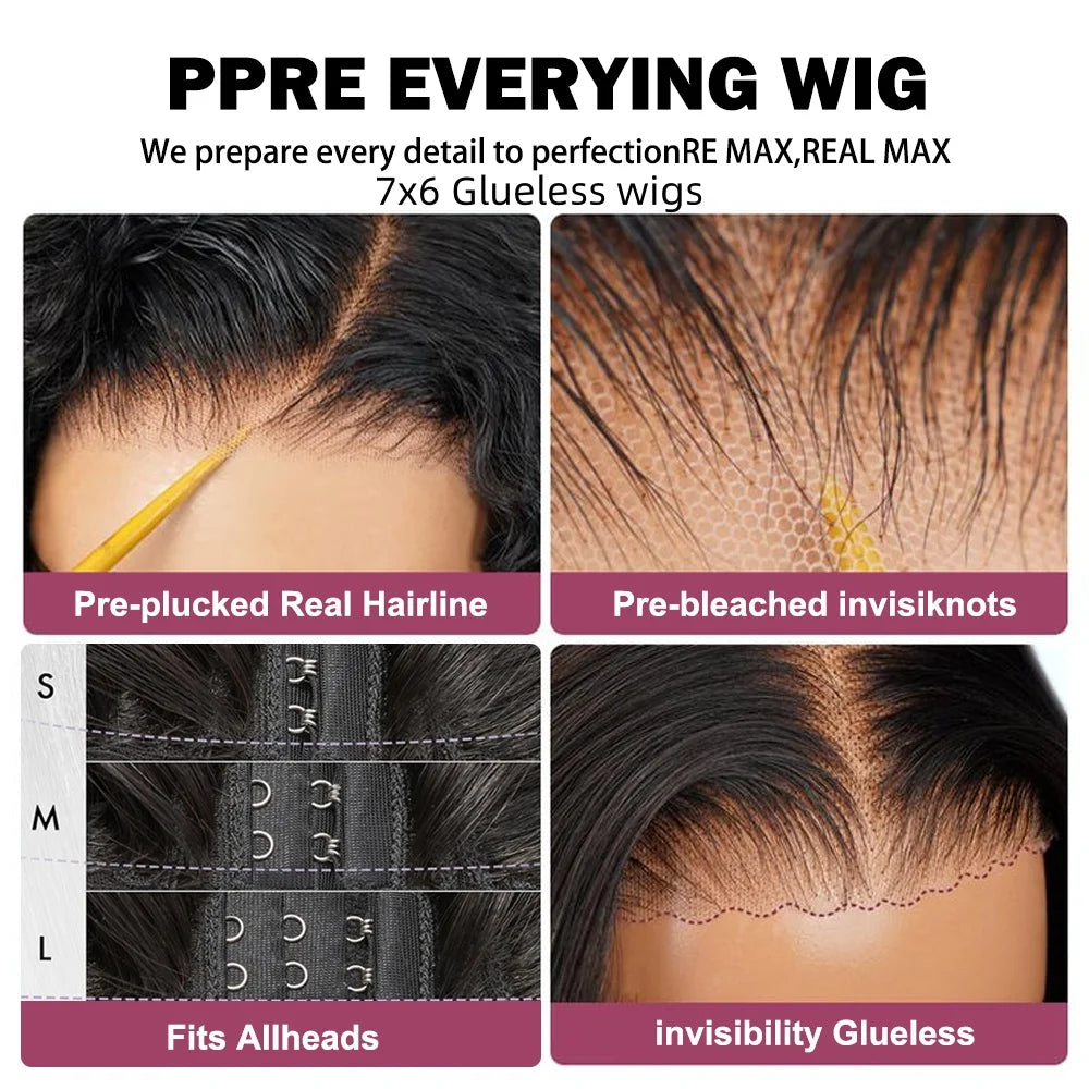 30 Inch 7x6 Glueless Brazilian Body Wave Lace Front Wig 13x6 HD Transparent Closure 250 Density Long Human Hair Wig