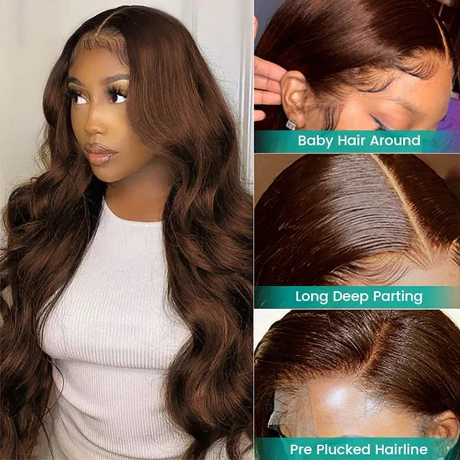 Chocolate Brown 13x4 Body Wave Lace Front Wig HD Transparent Swiss Lace 100% Remy Human Hair Pre Plucked Brazilian 13x6 Wig for Women