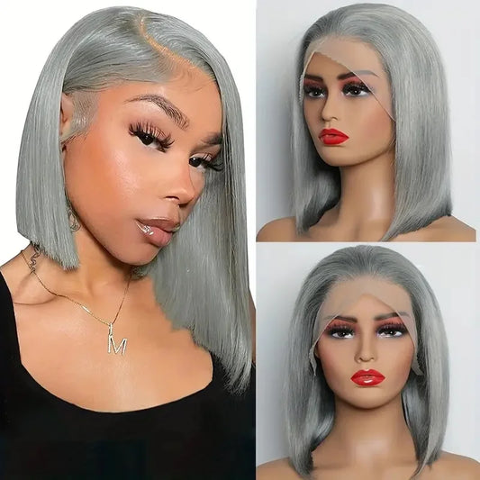 Grey Bob Wig 13x4 Transparent Lace Frontal Brazilian Remy Human Hair 180% Density Short Straight Wig for Black Women